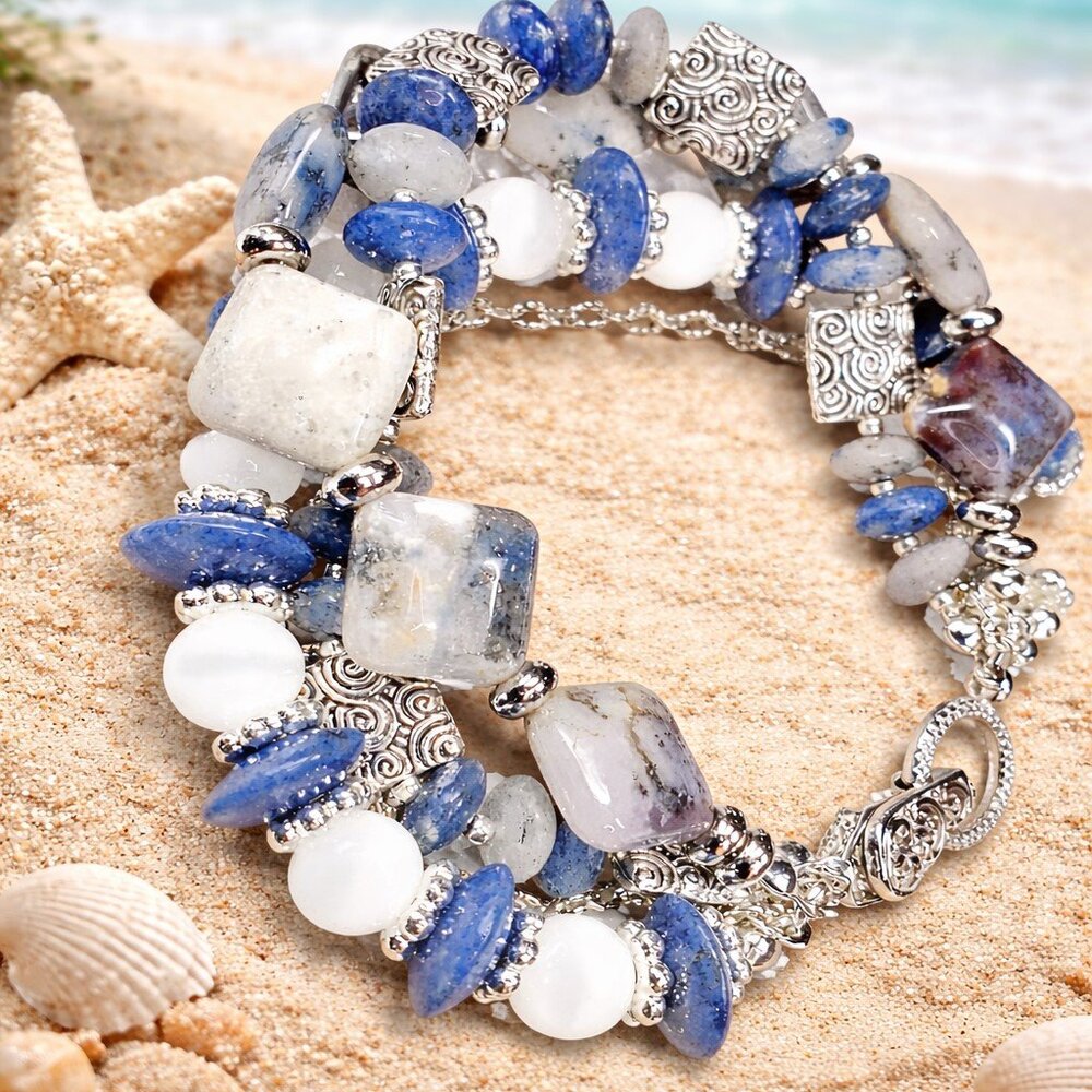Three Layer Blue Gemstone Bracelet Statement Cluster Wrist Cuff Natural Stone